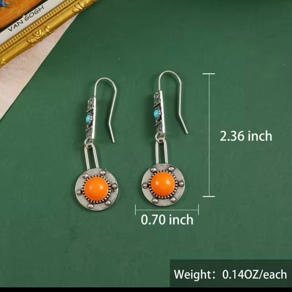 Orange and Silver Jewelry Bohemian Coral Color Drop Earrings Zinc Alloy Inlaid - Picture 2 of 5